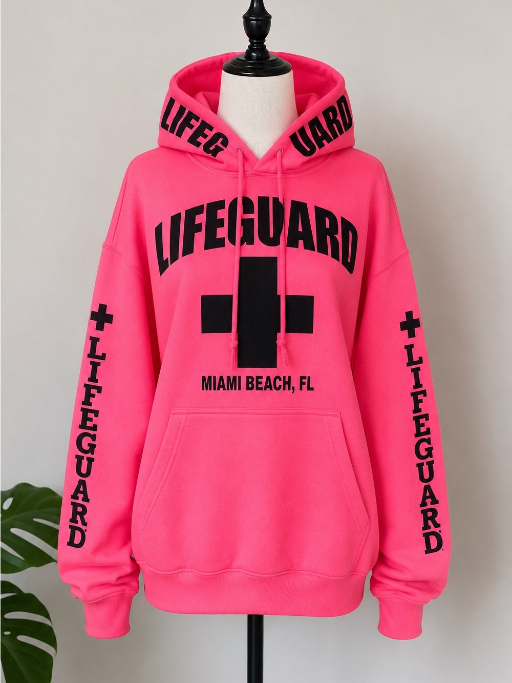 Women's Scoop Neck Pullover Hoodie - Hot Pink Lifeguard Graphic